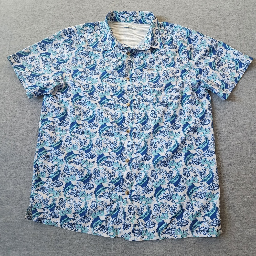 Columbia PFG Button Up Shirt Mens Large Blue Lightweight Fishing